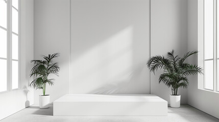 Empty square podium. Minimalist white Interior with sunlight and potted palm plants. Generative AI
