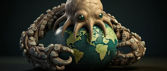 A grotesque creature with tentacles wrapped around a globe dotted with stock exchanges, symbolizing a parasitic grip on global finance