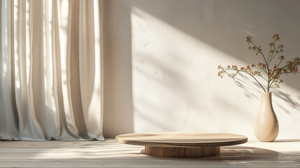 Empty wooden podium  with copy space. Sunlit minimalist interior with sheer curtains and a wooden vase with delicate flowers.  Generative AI