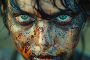 Close-up view featuring a face with captivating green eyes and undead zombie makeup details