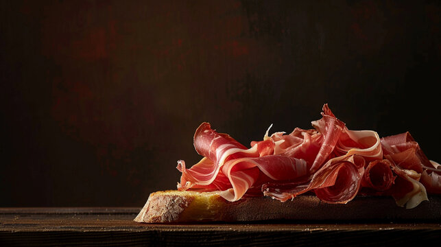 bread with ham on it sits on a table