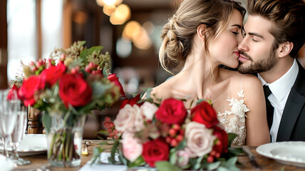 Couple in love kissing while sitting at a table in a cafe, wedding anniversary