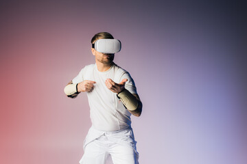 A man in white shirt and white shorts confidently posing as he holding something in virtual world