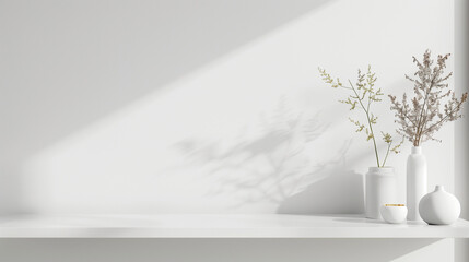 Minimalist white shelf decor with elegant ceramic vases and dried floral arrangements casting soft shadows. Empty copy space. Generative AI
