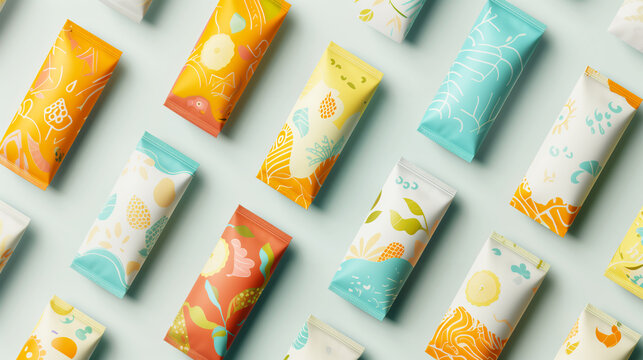 Colorful snack pouch mockup flat lay with copy space on light background	
