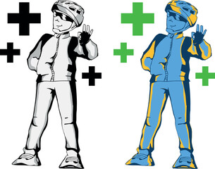 Cyclist biker character: strong immunity. Divided into layers for further painting. Isolated. Has an example of painting on artboard. Сharacter makes a series of plot drawings in the same style