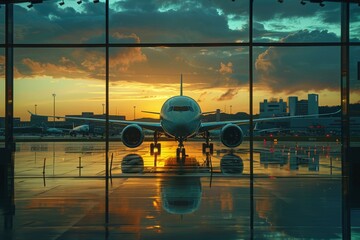 Commercial airplane is stationed at the terminal as the sun sets, reflecting the travel industry...