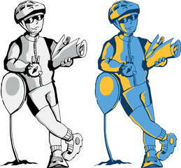 Cyclist biker character: mapmaker. Divided into layers for further painting. Isolated. Has an example of painting on artboard. Сharacter makes a series of plot drawings in the same style