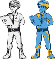Cyclist biker character: police, ranger. Divided into layers for further painting. Isolated. Has an example of painting on the artboard. The character makes a series of plot drawings in the same style