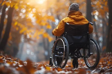 Foto op Canvas Back view of an individual in a wheelchair enjoying a tranquil moment in an autumnal forest © Larisa AI