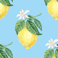Lemon, slices, flower and leaves watercolor seamless pattern on blue background, hand-painted in botanical style, for textile, wallpaper, menu design