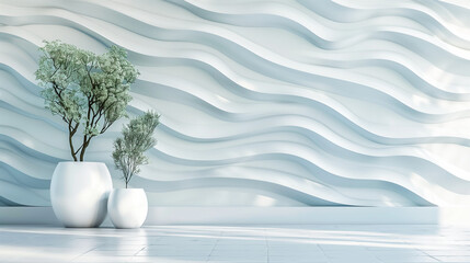 Fototapeta premium Modern Minimalist Interior with White Wave Wall Texture and Elegant Vases with Decorative Trees. Generative AI