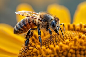 A stunning macro shot highlighting the symbiotic relationship between bees and sunflowers in a bright, natural setting
