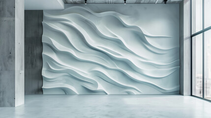 Abstract wave pattern wall feature in a modern interior with concrete and glass elements. Generative AI