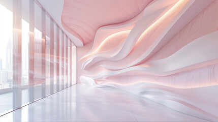 Futuristic empty room interior with elegant curvilinear pink walls and ambient lighting. Sweeping curvilinear walls bathed in a gradient of pink  hues. Modern minimal design. Generative AI