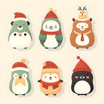 christmas icons set, Christmas labels collection. cute flat characters.
