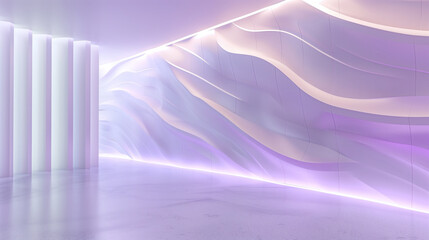 Futuristic empty room interior with elegant curvilinear purple walls and ambient lighting.  Sweeping curvilinear walls bathed in a gradient of purple hues.  Modern minimal design. Generative AI