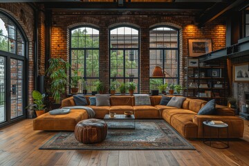 This warm and inviting living room interior features a large comfortable sectional sofa, surrounded by luscious green plants and vintage brick walls