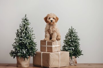 Cute little dog wearing a Santa hat sitting on top of a large wrapped present with Christmas trees.