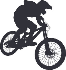 Naklejka premium Extreme. Downhill cyclist flies on a bicycle from a mountainside. Freeride. Isolate silhouette. White background.