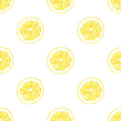 Lemon slices watercolor seamless pattern hand-painted in botanical style, for textile, wallpaper, menu design. Yellow circle, tropical citrus