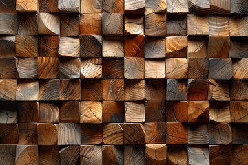 A visually striking image of wooden blocks in various brown shades arranged to create a geometric cube pattern