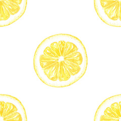 Lemon slices watercolor seamless pattern food background, hand-painted in botanical style, for textile, wallpaper, menu design. Yellow circle, tropical citrus