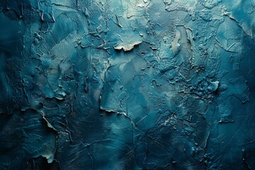 Intricately detailed texture of distressed, peeling paint in hues of blue, emphasizing the passage of time