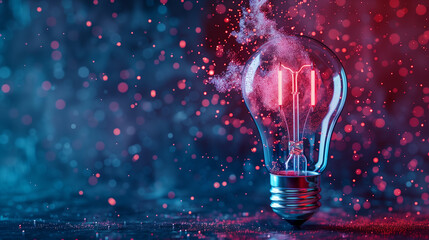 A light bulb is lit up and surrounded by a cloud of glitter. Concept of creativity and inspiration, as the light bulb represents an idea or a spark of innovation. The glitter adds a touch of magic