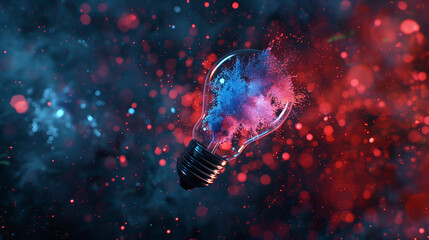 A light bulb is exploding on a blue and red background. The explosion is depicted in a way that looks like a burst of energy or a creative explosion. Concept of excitement and energy