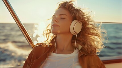 girl in headphones on a yacht