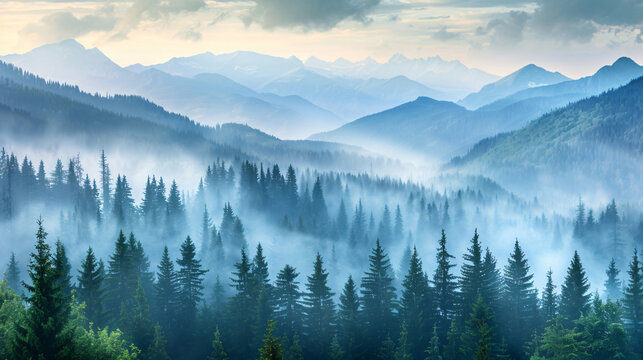 Landscape of mountains and pine forest with mist and f