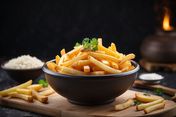 Salted French fries in white bowl on a wooden tray
