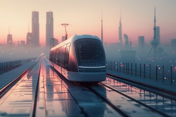 A futuristic train is traveling down a track in a city - obrazy, fototapety, plakaty