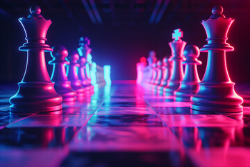 Chess pawns illustration 3d render on dark neon background - obrazy, fototapety, plakaty