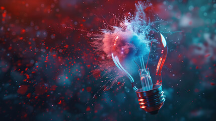 A light bulb is exploding on a blue and red background. The explosion is depicted in a way that looks like a burst of energy or a creative explosion. Concept of excitement and energy - obrazy, fototapety, plakaty