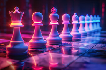 Chess pawns illustration 3d render on dark neon background - obrazy, fototapety, plakaty