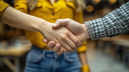 Renovation Agreement with Homeowner Giving Handshake with Contractor Blurred Background