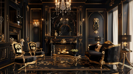 Luxury black and gold living room interior - obrazy, fototapety, plakaty