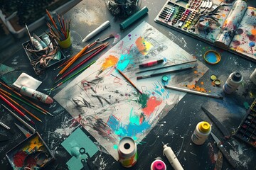 Drawing together, art room, birdseye view, colorful chaos, creative expression , 3DCG