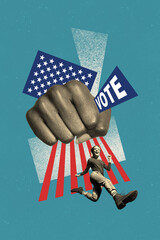 Vertical photo collage of huge fist threat gesture political party happy girl run democracy...