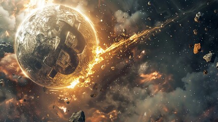 Financial firmament, Bitcoin and stocks rise, aiming for the moon among celestial bodies, showcasing growth and potential , unique hyper realistic