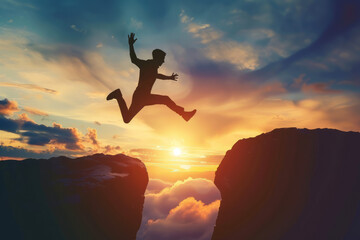 Silhouette of man jumping over a gap at sunset, concept business success and achievement - obrazy, fototapety, plakaty