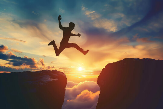 Silhouette of man jumping over a gap at sunset, concept business success and achievement