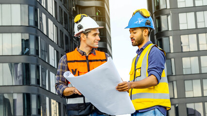 Contractor, Two civil engineers checking information from blueprint with teamwork, project manager planning and collaboration, outdoor construction worker and floor plan for urban development in city
