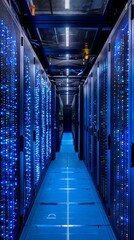 AIpowered machine learning hub, servers with blinking lights, blue tone, wideangle lens , up32K HD