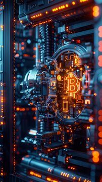 A visionary scene of blockchain encryption, a secure vault with digital locks and glowing crypto keys, hightech and secure , high resolution DSLR