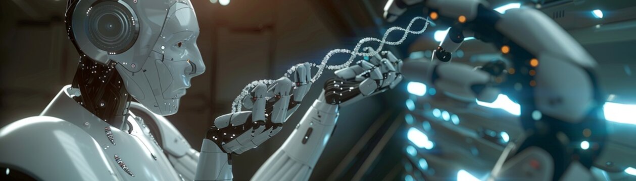 Advanced robotics and AI performing genomic editing, precise mechanical hands manipulating DNA strands, a clinical futuristic setting , high resolution DSLR