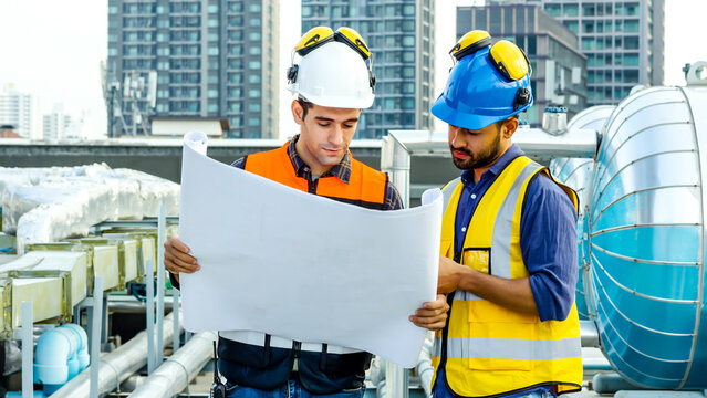 Contractor, Two civil engineers checking information from blueprint with teamwork, project manager planning and collaboration, outdoor construction worker and floor plan for urban development in city