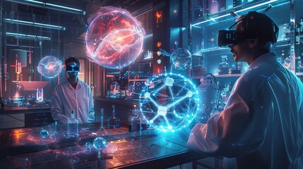 Fototapeta premium Future quantum lab with hovering entangled particles, scientists observing through augmented reality glasses, neon ambiance , unique hyper-realistic illustrations